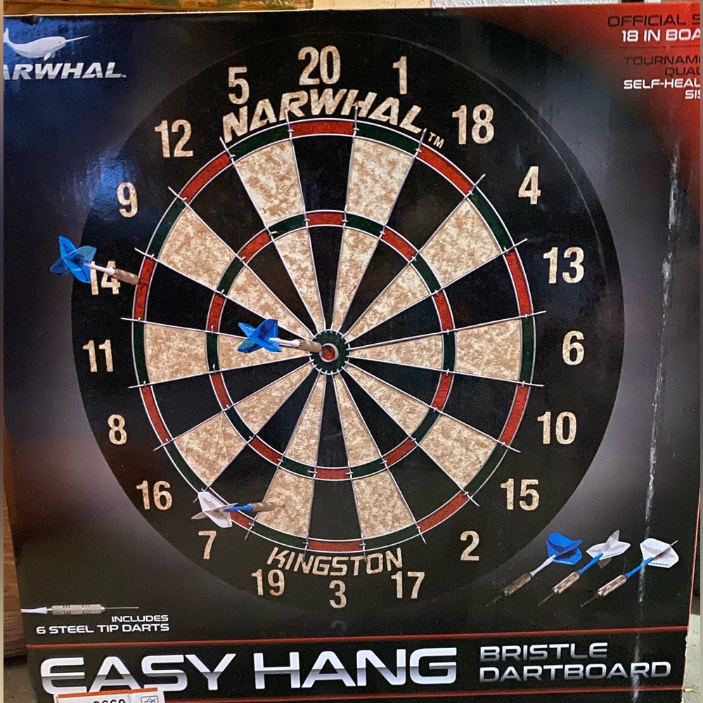 Kingston Bristle Dartboard with Steel Tip Darts - Black, White, and Blue